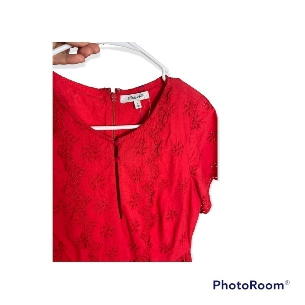 MADEWELL Scalloped Eyelet Midi Dress Short Sleeve Prairie Red Cotton - Picture 5 of 9